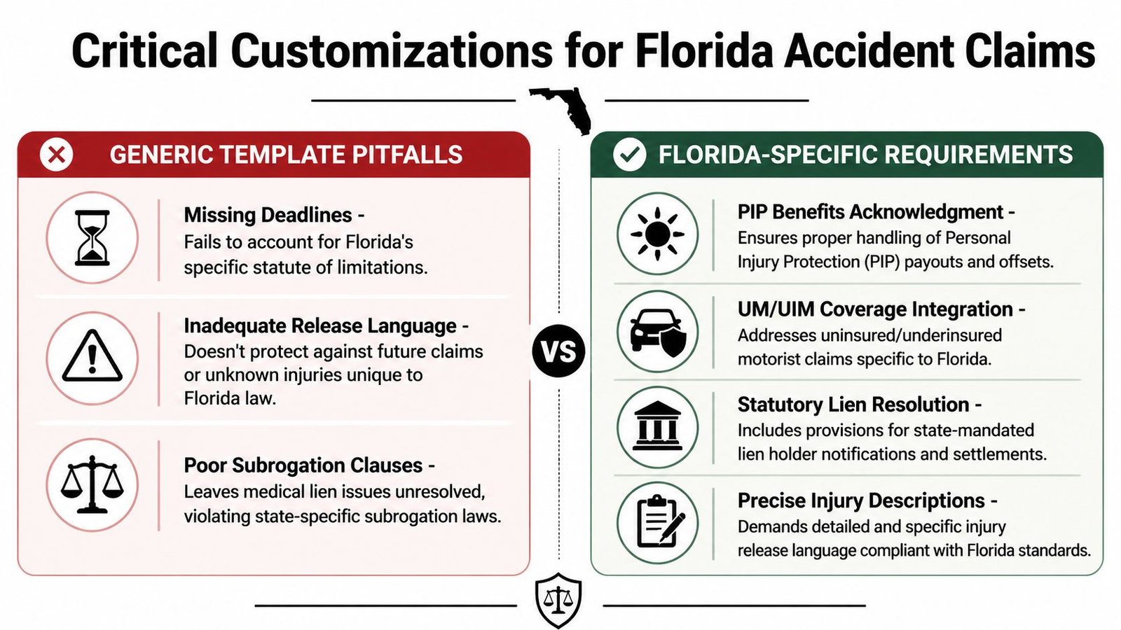 A comparison chart outlining common mistakes in generic accident templates versus specific requirements for Florida auto insurance claims.