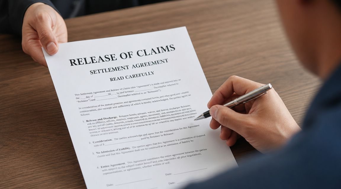 A person holding a pen over a Release of Claims settlement agreement document on a wooden table.