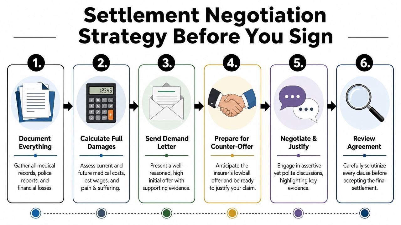 A six-step infographic detailing the strategy for negotiating an auto accident settlement agreement effectively before signing.