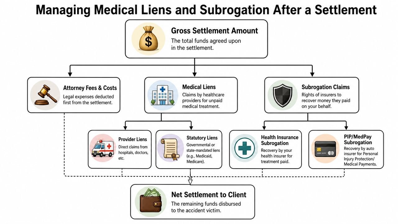 An infographic diagram explaining the distribution process of an auto accident settlement into various claims and payouts.