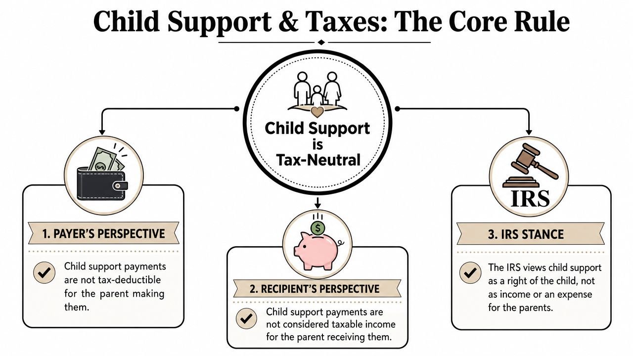 An infographic explaining that child support payments are tax-neutral for both payers and recipients.