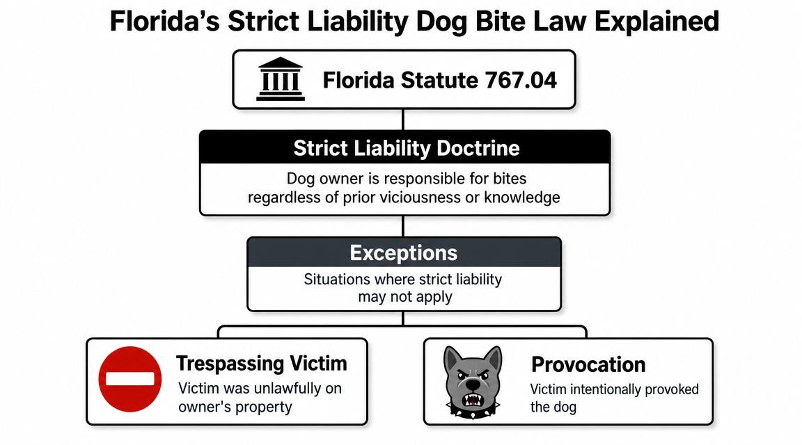 A flowchart explaining Florida Statute 767.04 regarding strict liability for dog bite injuries and legal exceptions.